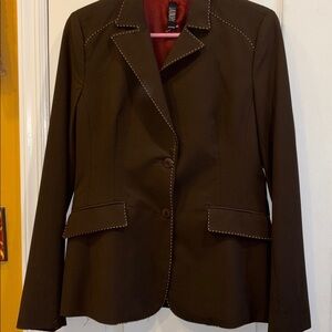 LAUNDRY BY SHELLI SEGAL BROWN JACKET TAN PIPING AROUND SEAMS/POCKETS/NECKLINE